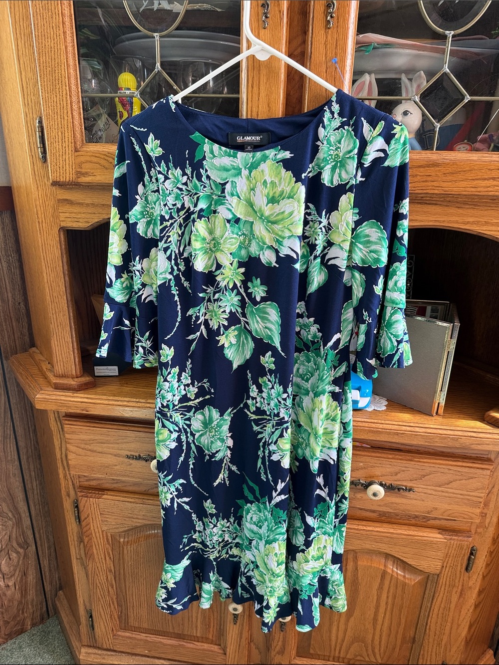 Glamour Navy Dress with Green Floral Print and Ruffle Hem size 10 EUC
